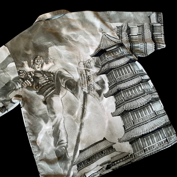 Y2K 00s Wingo Anime Graphic Japan Pagoda Button Down Shirt AOP Polyester Mens XL - Picture 10 of 11